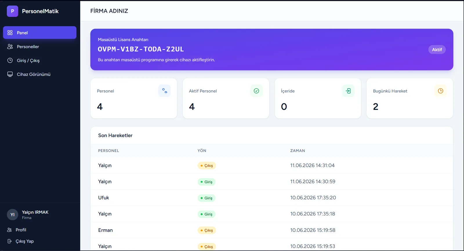 PersonelMatik web panel dashboard ekranı